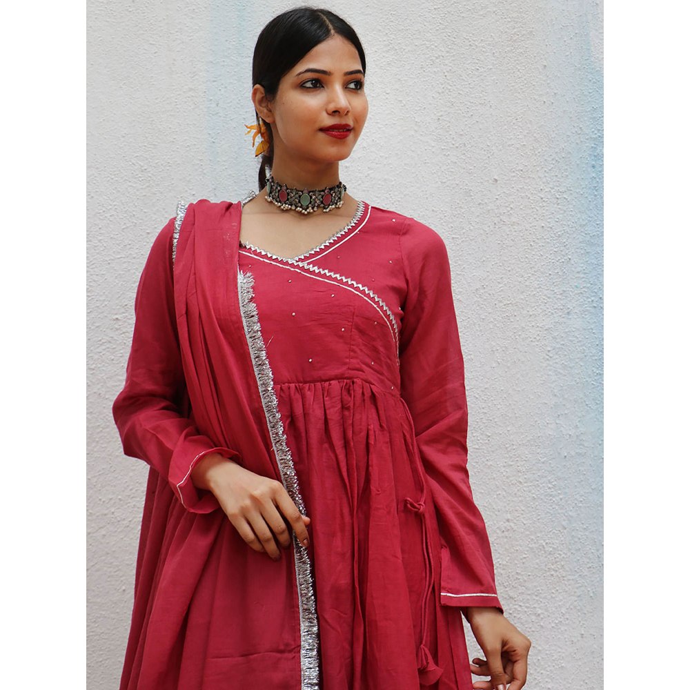 Chidiyaa Jugnu Kusum Red Mulmul Cotton Kurta Pants with Dupatta (Set of 3)