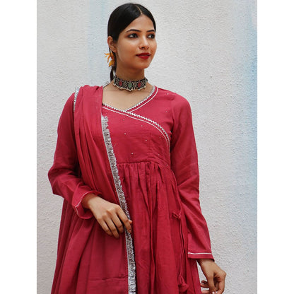 Chidiyaa Jugnu Kusum Red Mulmul Cotton Kurta Pants with Dupatta (Set of 3)