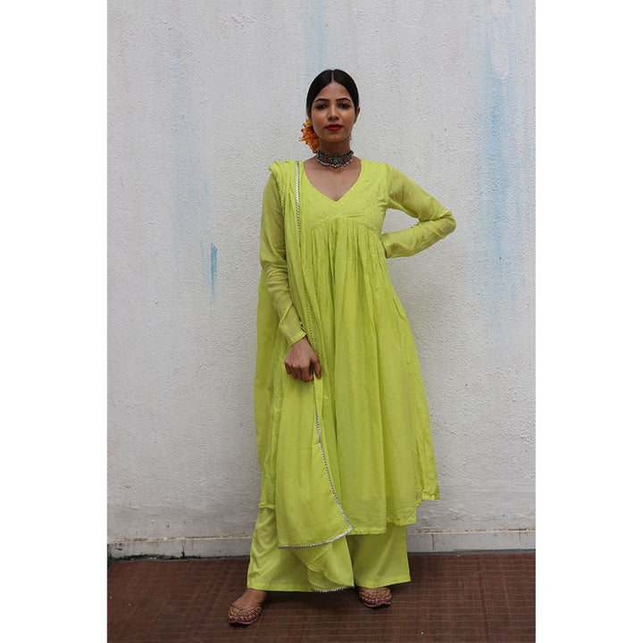 Chidiyaa Jugnu Dhaani Lime Green Mulmul Cotton Kurta Pants with Dupatta (Set of 3)