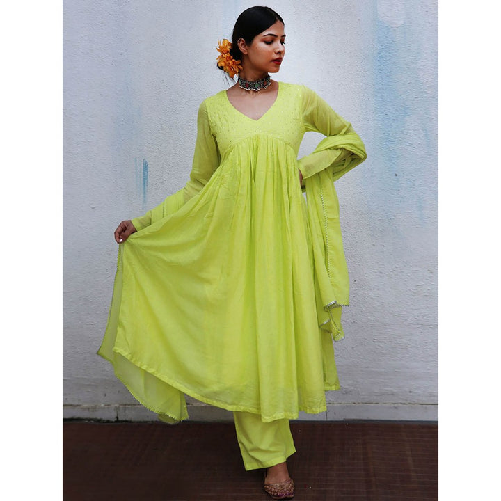 Chidiyaa Jugnu Dhaani Lime Green Mulmul Cotton Kurta Pants with Dupatta (Set of 3)