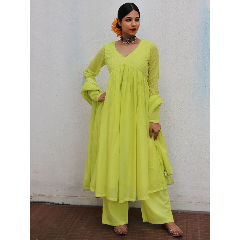 Chidiyaa Jugnu Dhaani Lime Green Mulmul Cotton Kurta Pants with Dupatta (Set of 3)