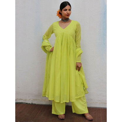 Chidiyaa Jugnu Dhaani Lime Green Mulmul Cotton Kurta Pants with Dupatta (Set of 3)