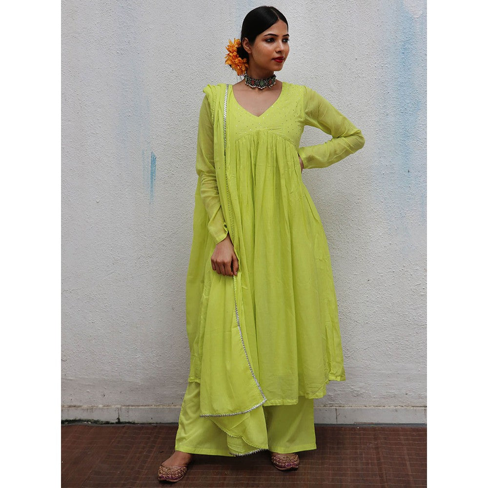 Chidiyaa Jugnu Dhaani Lime Green Mulmul Cotton Kurta Pants with Dupatta (Set of 3)