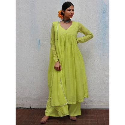 Chidiyaa Jugnu Dhaani Lime Green Mulmul Cotton Kurta Pants with Dupatta (Set of 3)