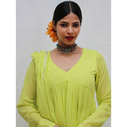 Chidiyaa Jugnu Dhaani Lime Green Mulmul Cotton Kurta Pants with Dupatta (Set of 3)