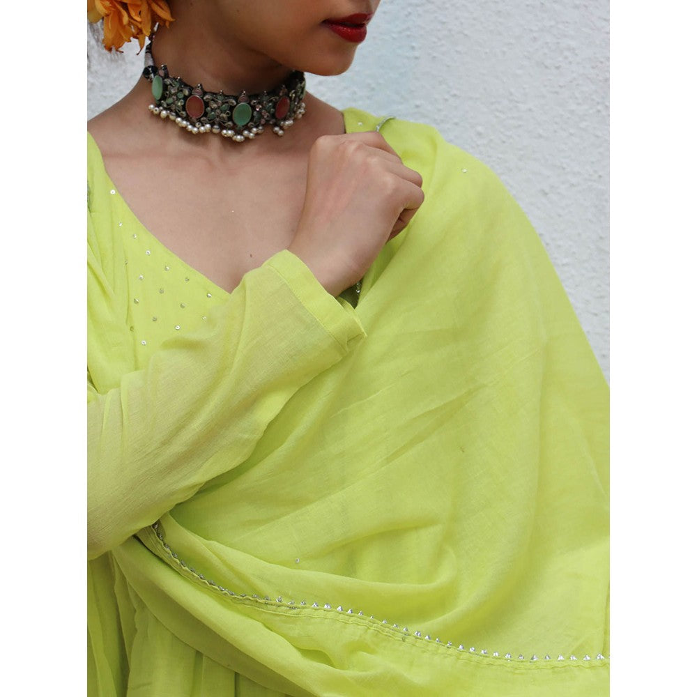 Chidiyaa Jugnu Dhaani Lime Green Mulmul Cotton Kurta Pants with Dupatta (Set of 3)