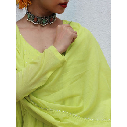 Chidiyaa Jugnu Dhaani Lime Green Mulmul Cotton Kurta Pants with Dupatta (Set of 3)