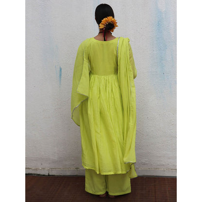 Chidiyaa Jugnu Dhaani Lime Green Mulmul Cotton Kurta Pants with Dupatta (Set of 3)