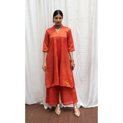 Chidiyaa Lali Handwoven Cotton Zari Kurta & Palazzo (Set of 2)