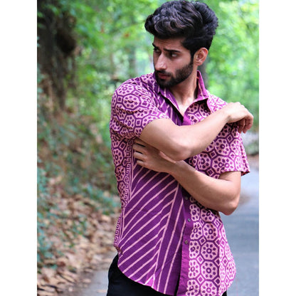 Chidiyaa Lavender Block Printed Cotton Half-Sleeved Shirt