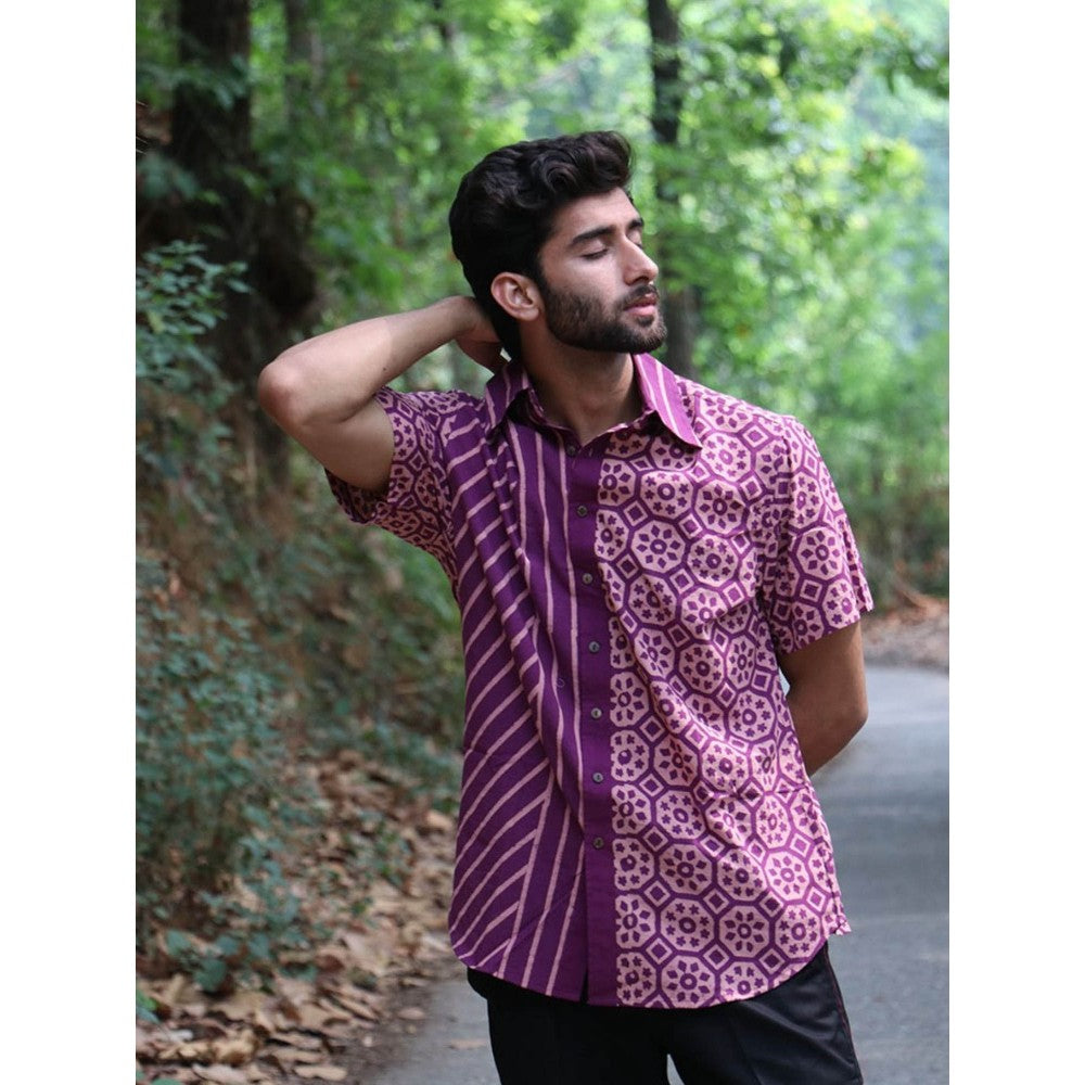 Chidiyaa Lavender Block Printed Cotton Half-Sleeved Shirt