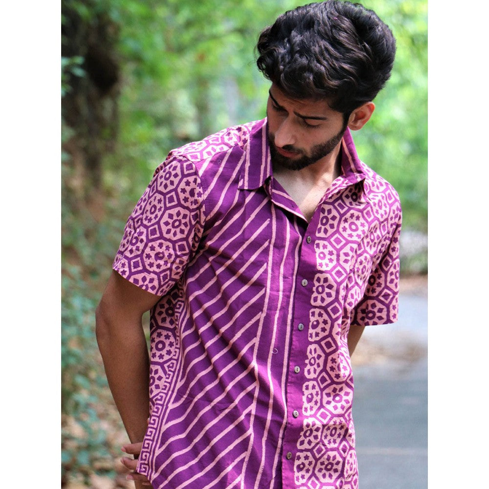 Chidiyaa Lavender Block Printed Cotton Half-Sleeved Shirt