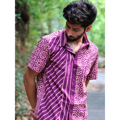 Chidiyaa Lavender Block Printed Cotton Half-Sleeved Shirt