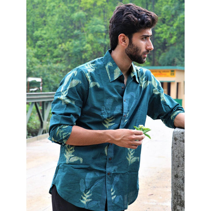 Chidiyaa Forest Green-Blue Leaf Block Printed Cotton Shirt