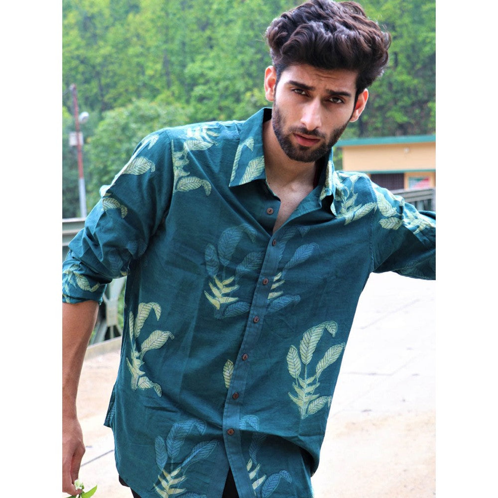 Chidiyaa Forest Green-Blue Leaf Block Printed Cotton Shirt