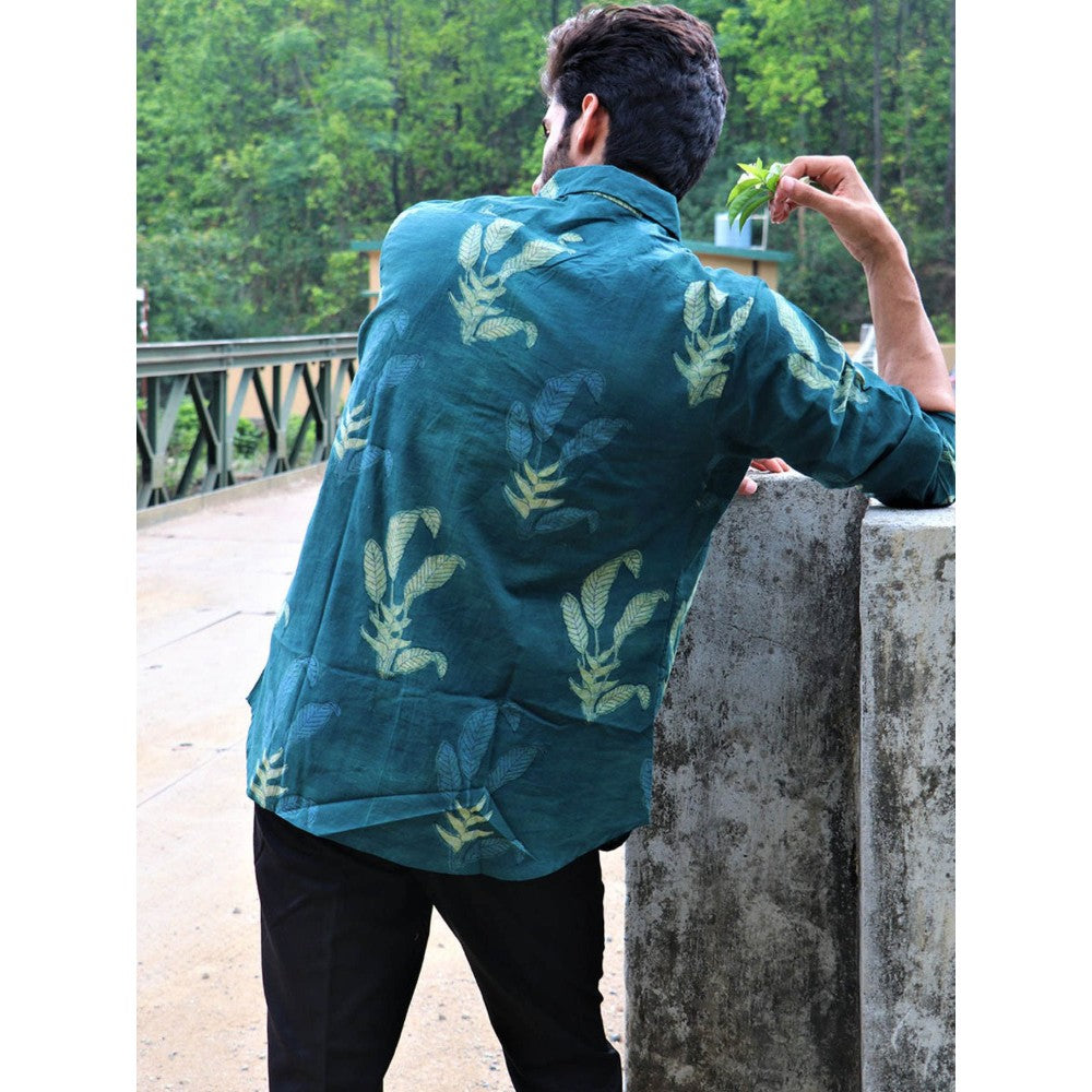 Chidiyaa Forest Green-Blue Leaf Block Printed Cotton Shirt