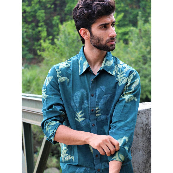 Chidiyaa Forest Green-Blue Leaf Block Printed Cotton Shirt