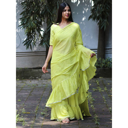 Chidiyaa Jugnu Heer Lime Green Mulmul Cotton Saree with Stitched Blouse