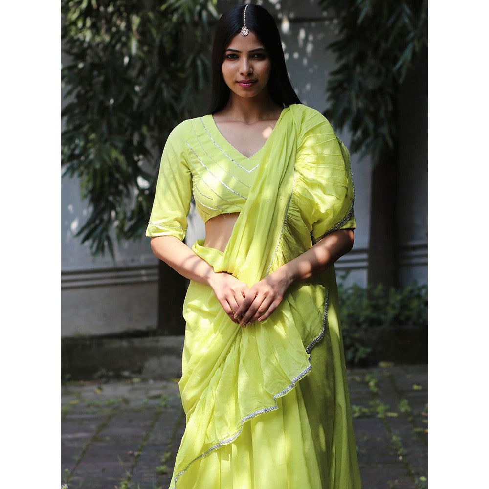 Chidiyaa Jugnu Heer Lime Green Mulmul Cotton Saree with Stitched Blouse