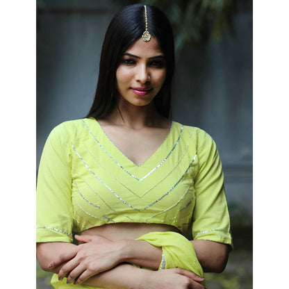 Chidiyaa Jugnu Heer Lime Green Mulmul Cotton Saree with Stitched Blouse