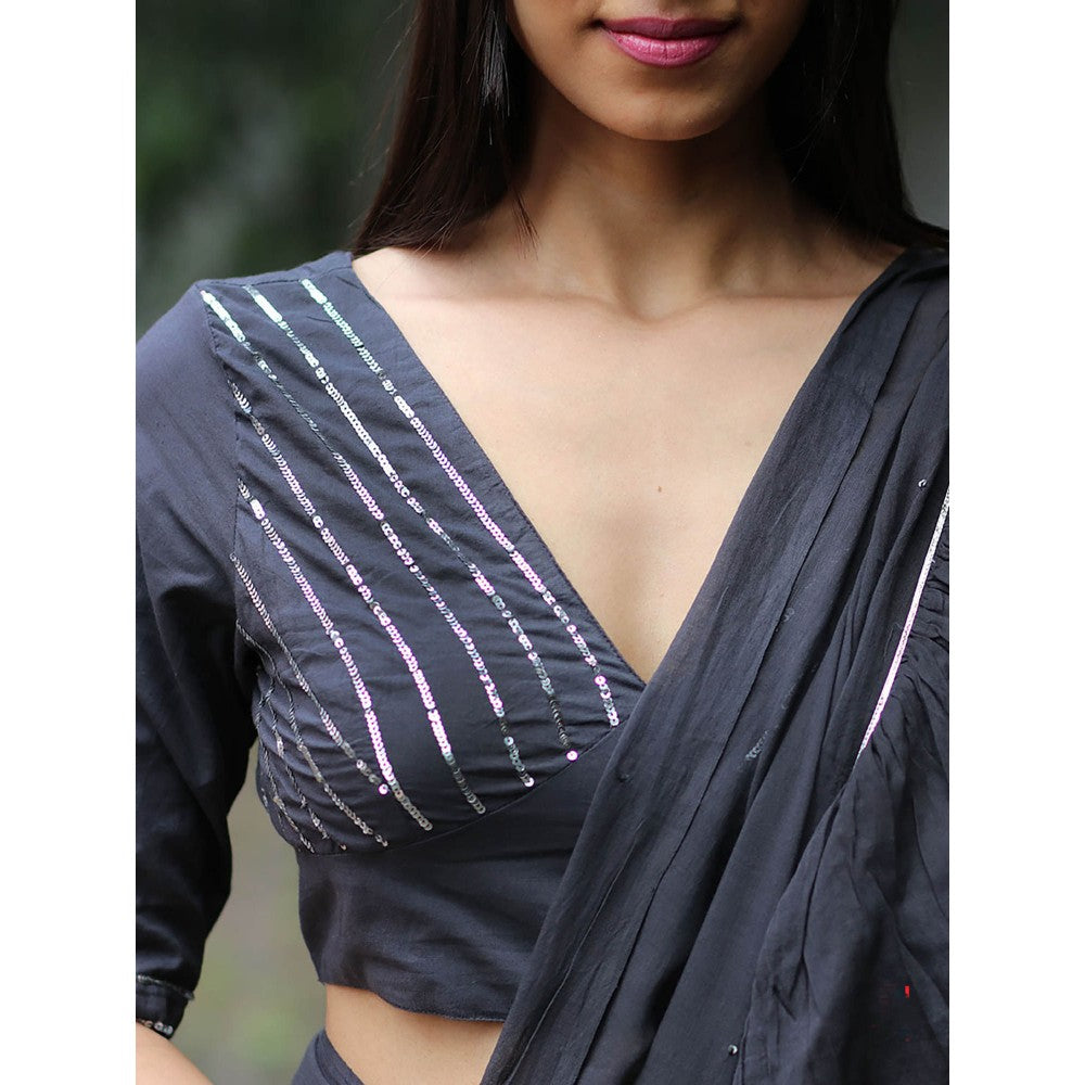 Chidiyaa Jugnu Firefly Charcoal Grey Mulmul Cotton Saree with Stitched Blouse