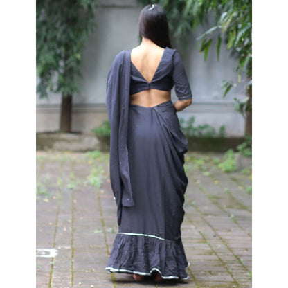 Chidiyaa Jugnu Firefly Charcoal Grey Mulmul Cotton Saree with Stitched Blouse