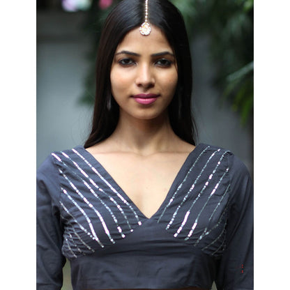 Chidiyaa Jugnu Firefly Charcoal Grey Mulmul Cotton Saree with Stitched Blouse