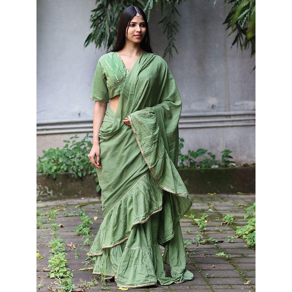 Chidiyaa Jugnu Shimmer Moss Green Mulmul Cotton Saree with Stitched Blouse