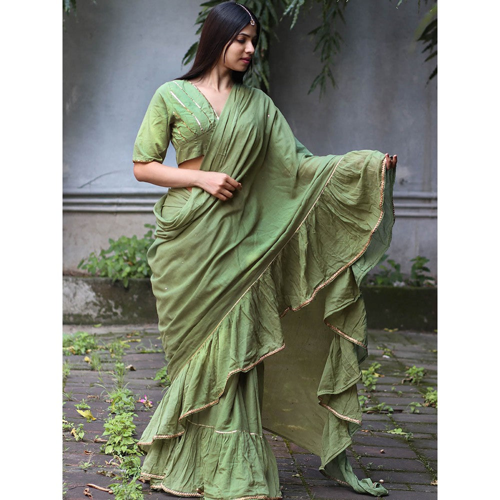 Chidiyaa Jugnu Shimmer Moss Green Mulmul Cotton Saree with Stitched Blouse