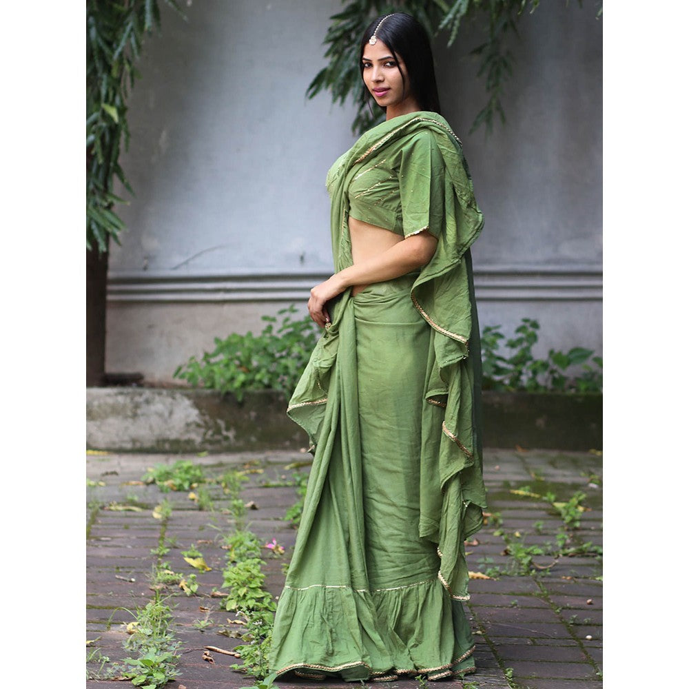 Chidiyaa Jugnu Shimmer Moss Green Mulmul Cotton Saree with Stitched Blouse