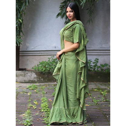 Chidiyaa Jugnu Shimmer Moss Green Mulmul Cotton Saree with Stitched Blouse