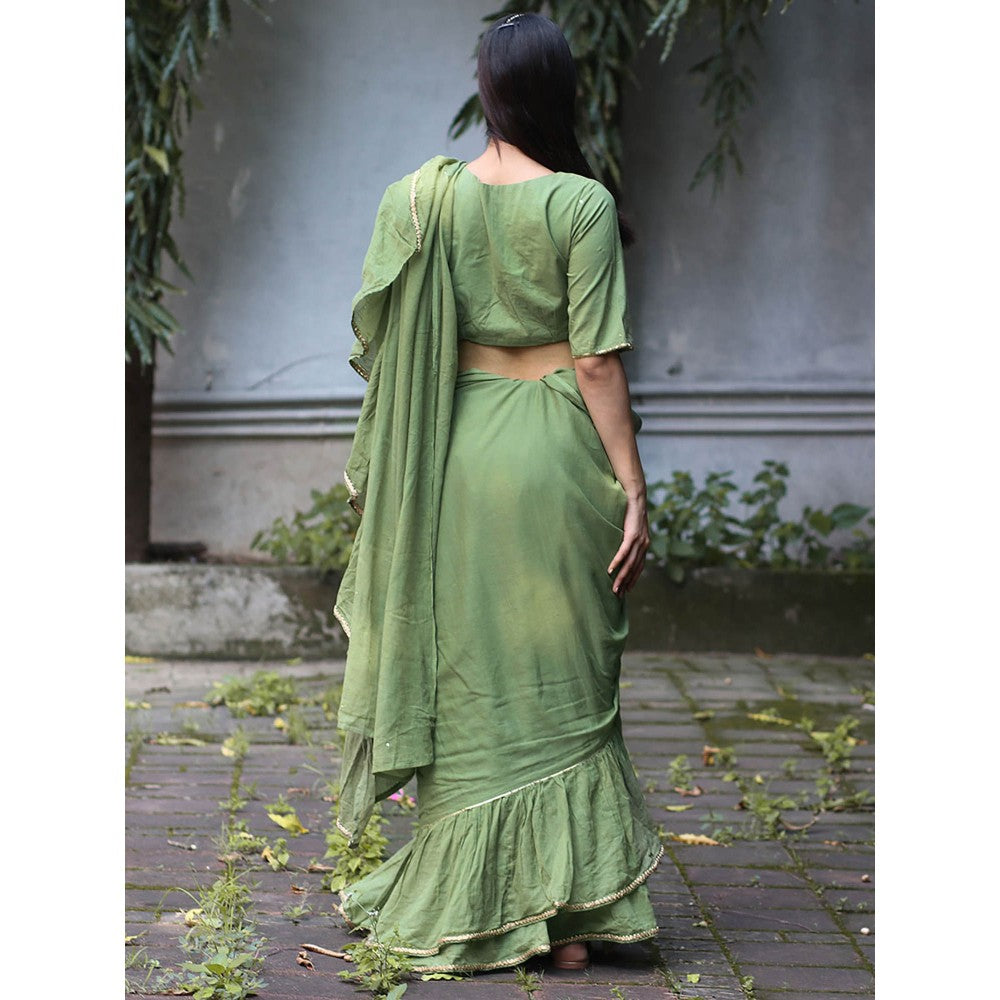 Chidiyaa Jugnu Shimmer Moss Green Mulmul Cotton Saree with Stitched Blouse