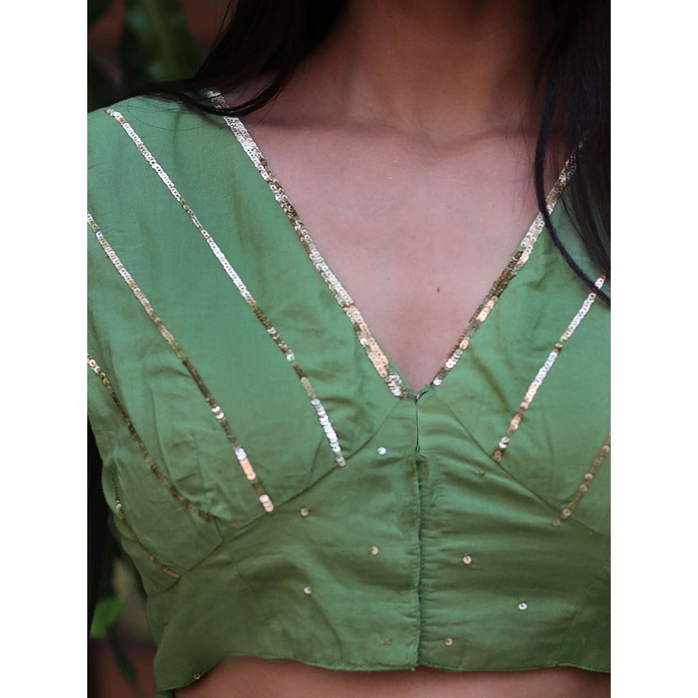 Chidiyaa Jugnu Shimmer Moss Green Mulmul Cotton Saree with Stitched Blouse