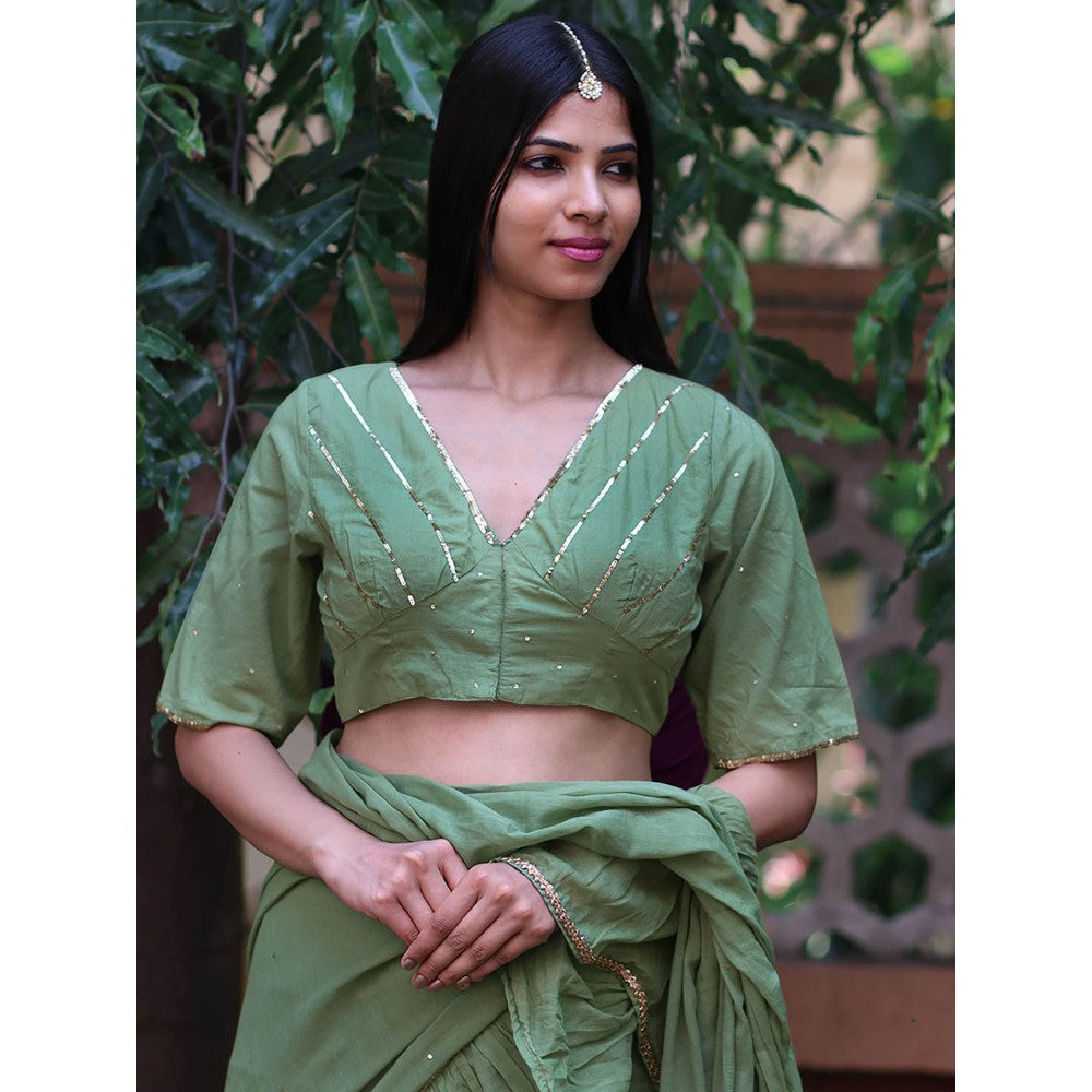Chidiyaa Jugnu Shimmer Moss Green Mulmul Cotton Saree with Stitched Blouse