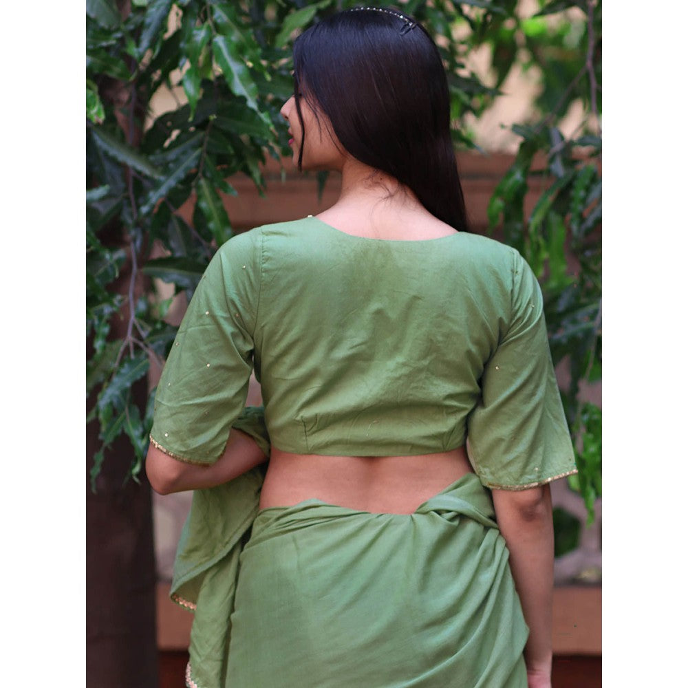 Chidiyaa Jugnu Shimmer Moss Green Mulmul Cotton Saree with Stitched Blouse