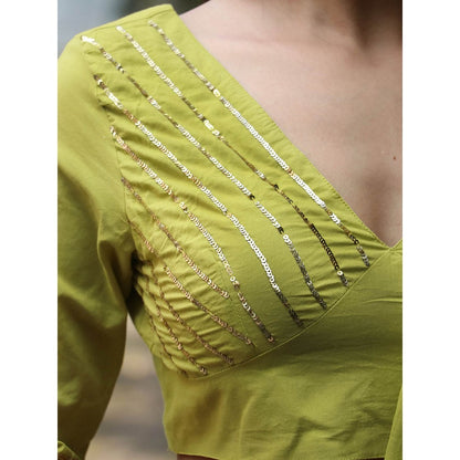 Chidiyaa Jugnu Sparkle Pear Green Mulmul Cotton Saree with Stitched Blouse