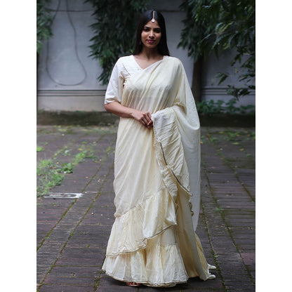 Chidiyaa Jugnu Starlit Cream Mulmul Cotton Saree with Stitched Blouse