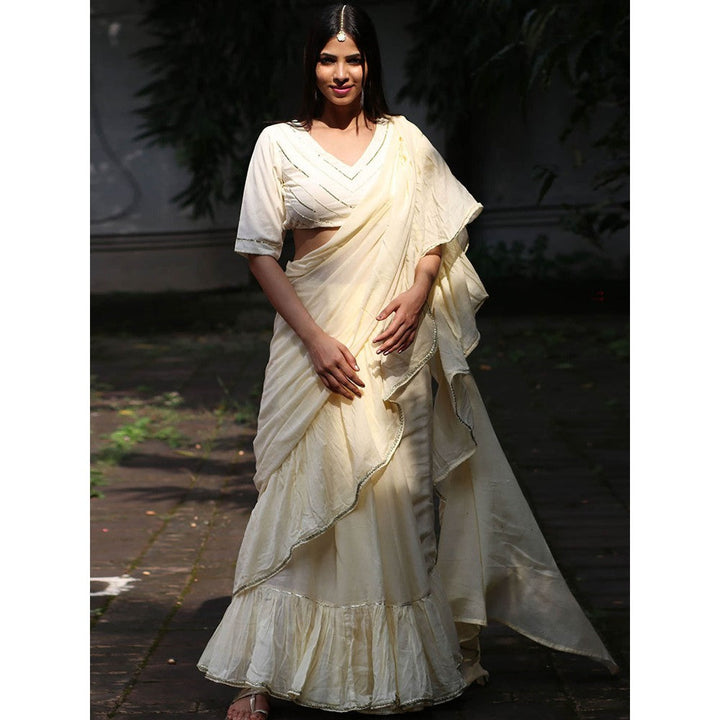 Chidiyaa Jugnu Starlit Cream Mulmul Cotton Saree with Stitched Blouse