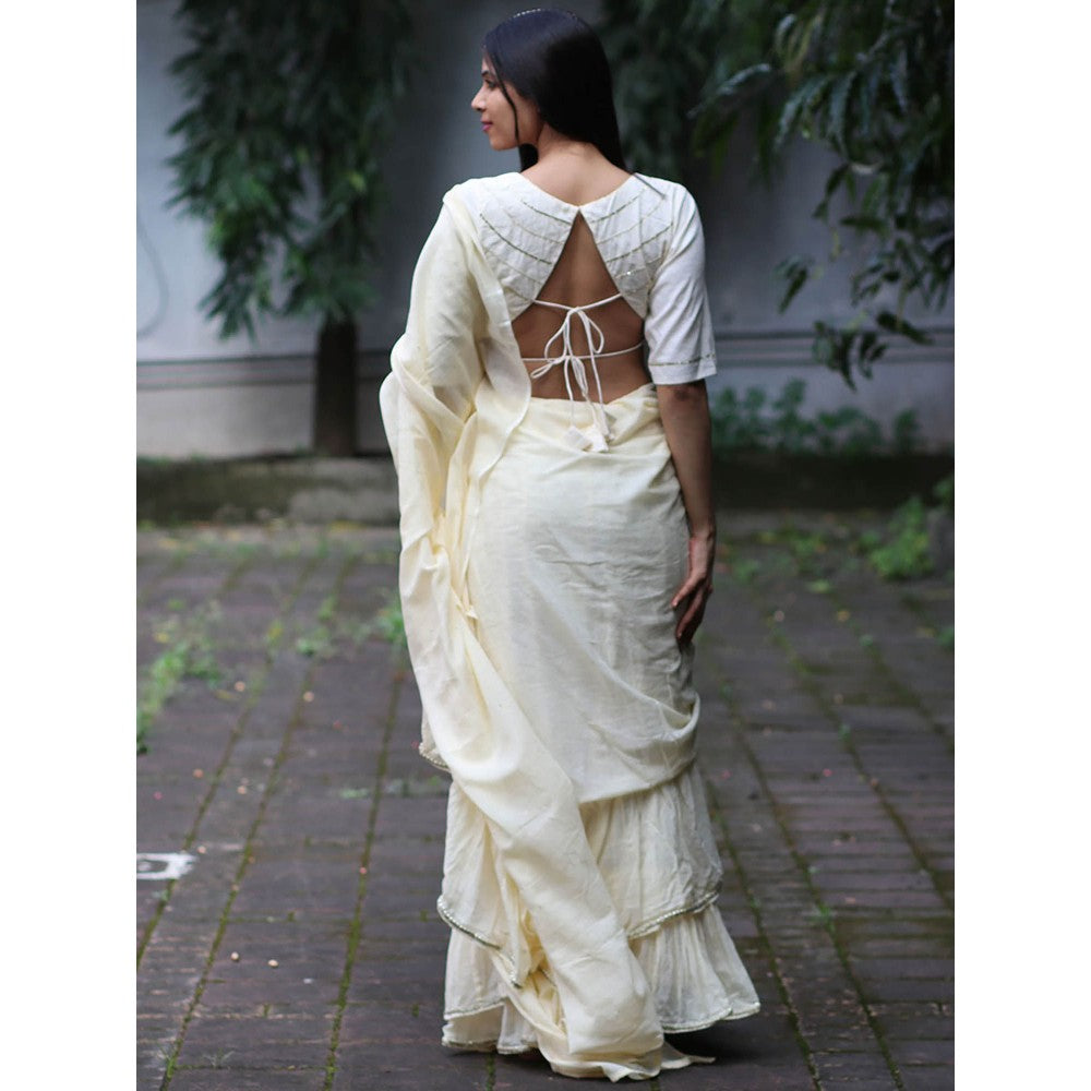 Chidiyaa Jugnu Starlit Cream Mulmul Cotton Saree with Stitched Blouse