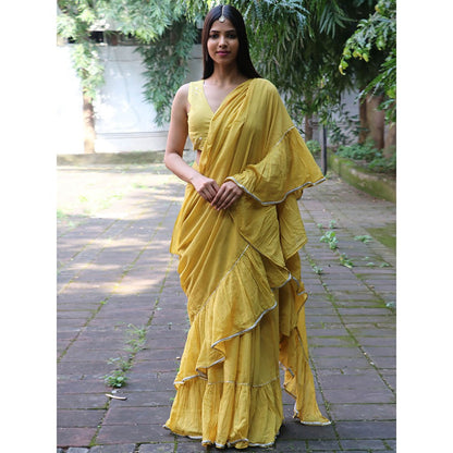 Chidiyaa Jugnu Sunflower Yellow Mulmul Cotton Saree with Stitched Blouse