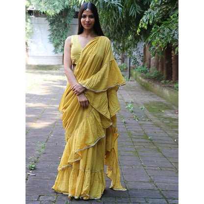 Chidiyaa Jugnu Sunflower Yellow Mulmul Cotton Saree with Stitched Blouse