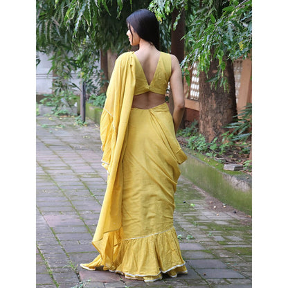 Chidiyaa Jugnu Sunflower Yellow Mulmul Cotton Saree with Stitched Blouse