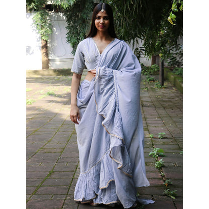 Chidiyaa Jugnu Misty Grey Mulmul Cotton Saree with Stitched Blouse