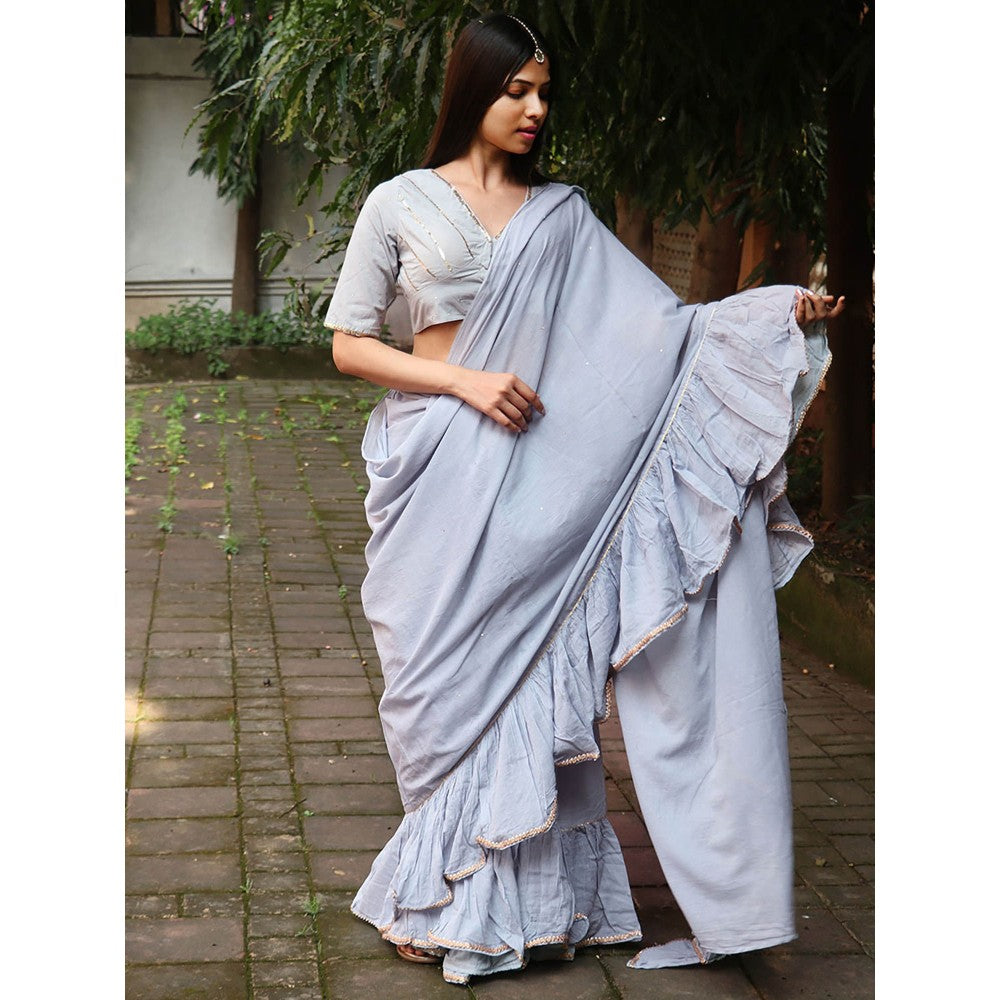 Chidiyaa Jugnu Misty Grey Mulmul Cotton Saree with Stitched Blouse
