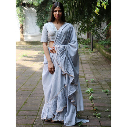 Chidiyaa Jugnu Misty Grey Mulmul Cotton Saree with Stitched Blouse