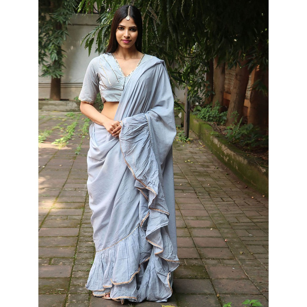 Chidiyaa Jugnu Misty Grey Mulmul Cotton Saree with Stitched Blouse