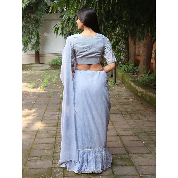 Chidiyaa Jugnu Misty Grey Mulmul Cotton Saree with Stitched Blouse