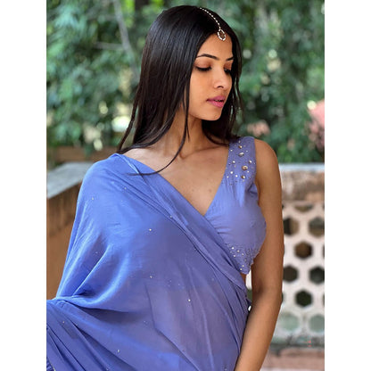 Chidiyaa Jugnu Evening Blue Mulmul Cotton Saree with Stitched Blouse