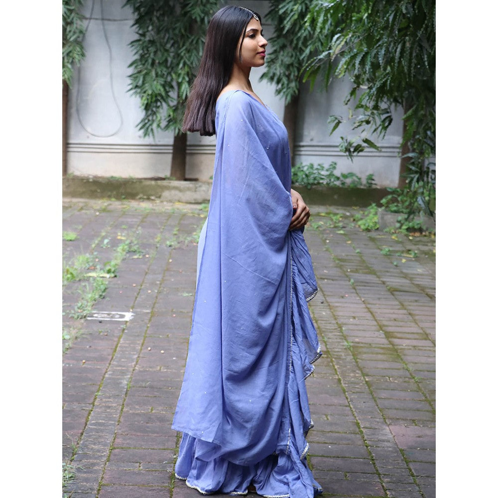 Chidiyaa Jugnu Evening Blue Mulmul Cotton Saree with Stitched Blouse