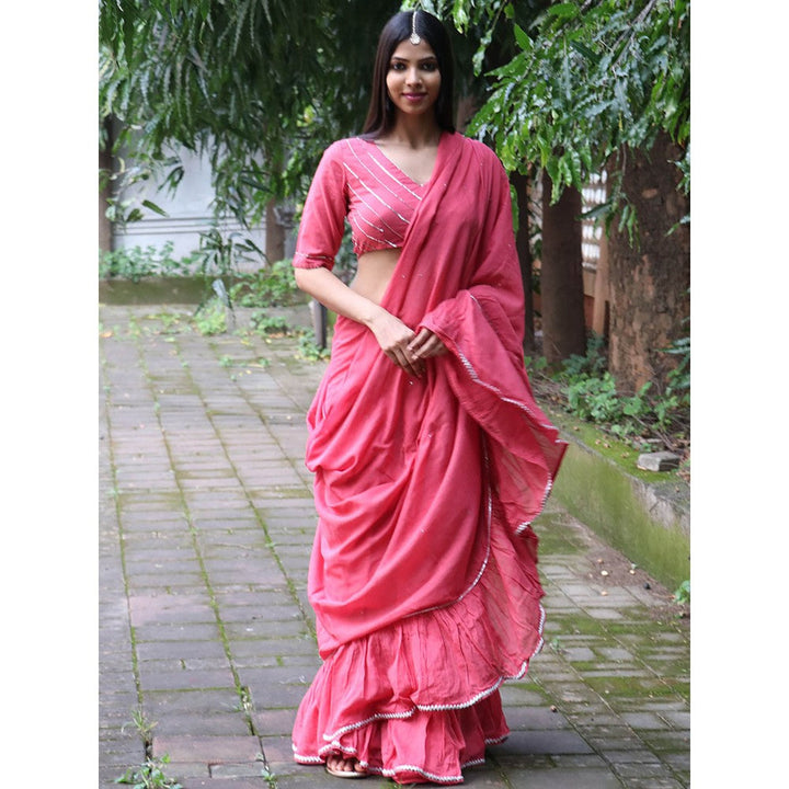 Chidiyaa Jugnu Lumina Pink Mulmul Cotton Saree with Stitched Blouse